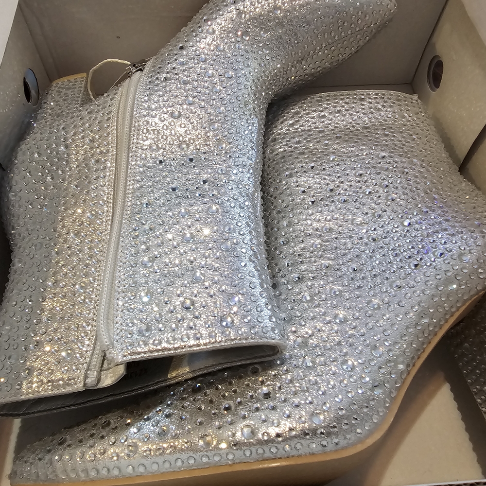 Glamorous Silver Rhinestone Ankle Boots